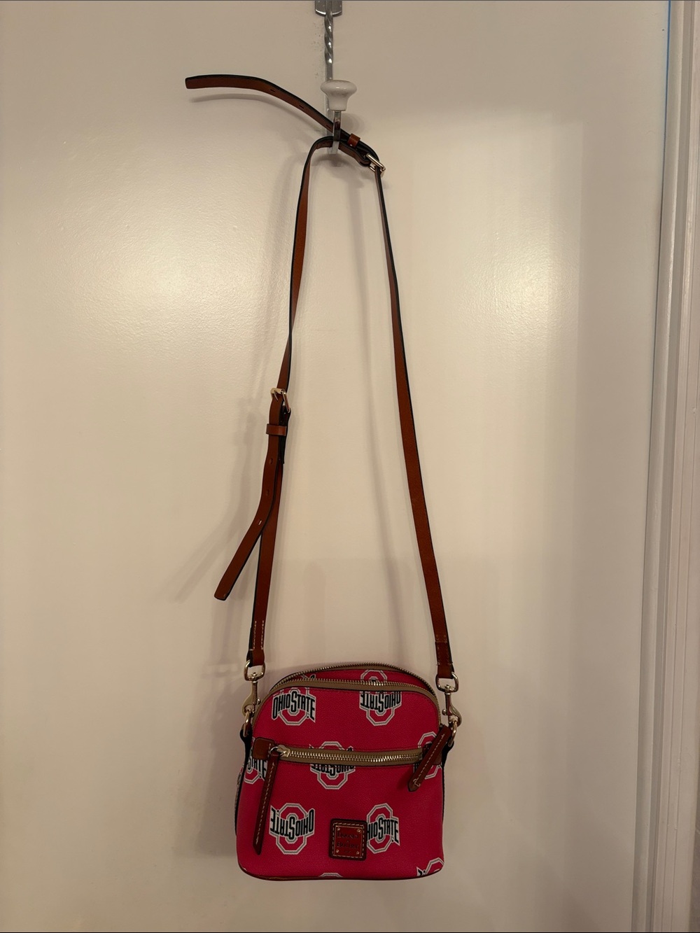 Dooney & Bourke Red Ohio State Logo Crossbody with Brown Strap